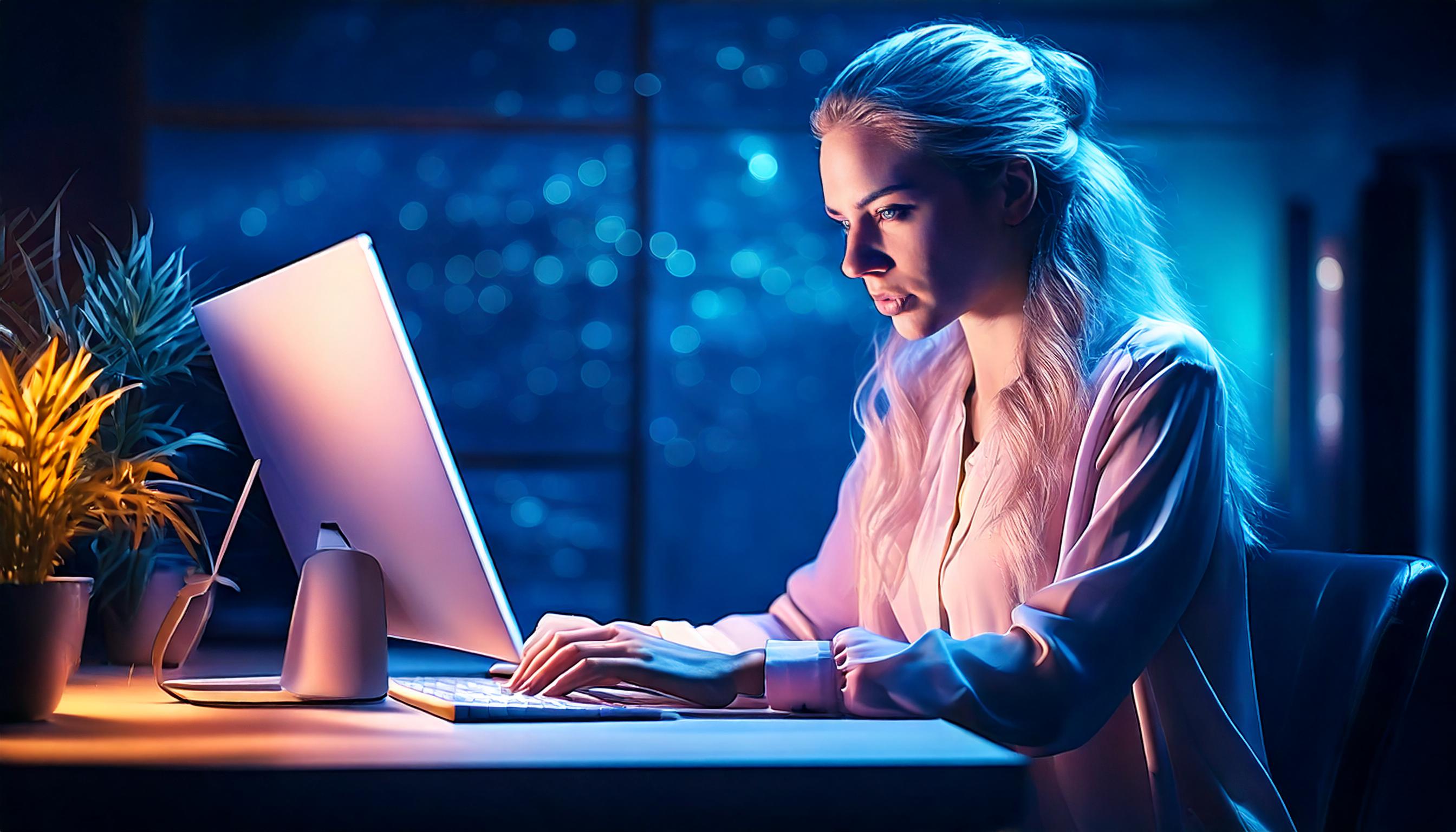 Blonde woman using computer