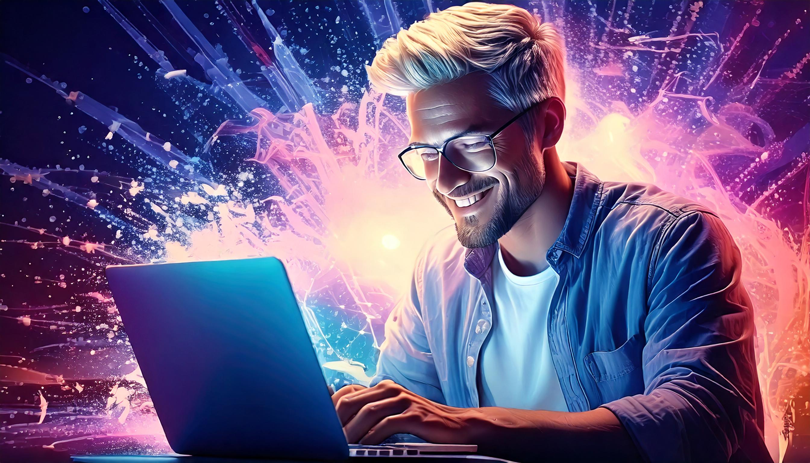 Man with glasses using laptop