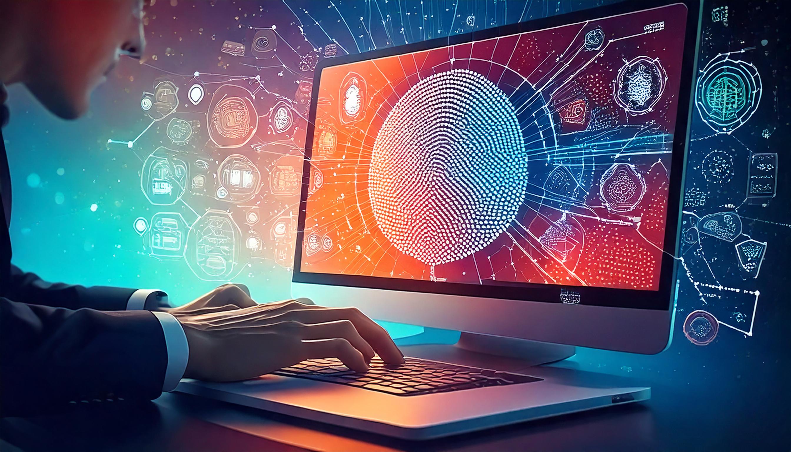 Man using computer with mind map around the screen