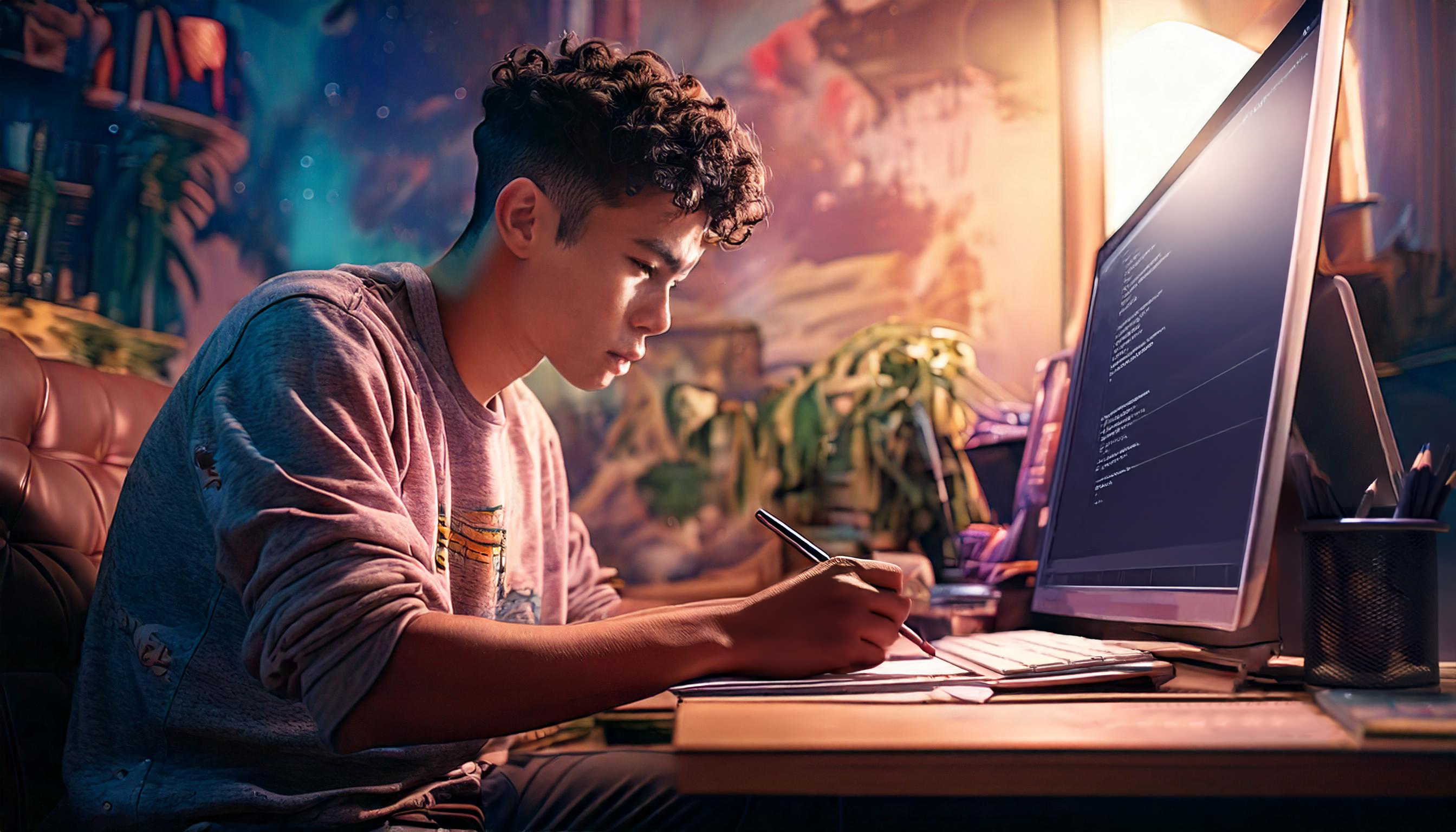 Man writing on notepad whilst sat infront of computer